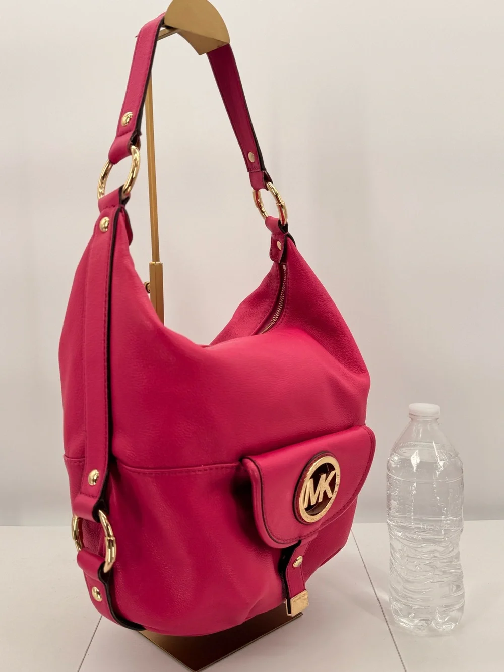 MICHAEL KORS Hot Pink Leather Hobo Shoulder Bag Gold MK Logo